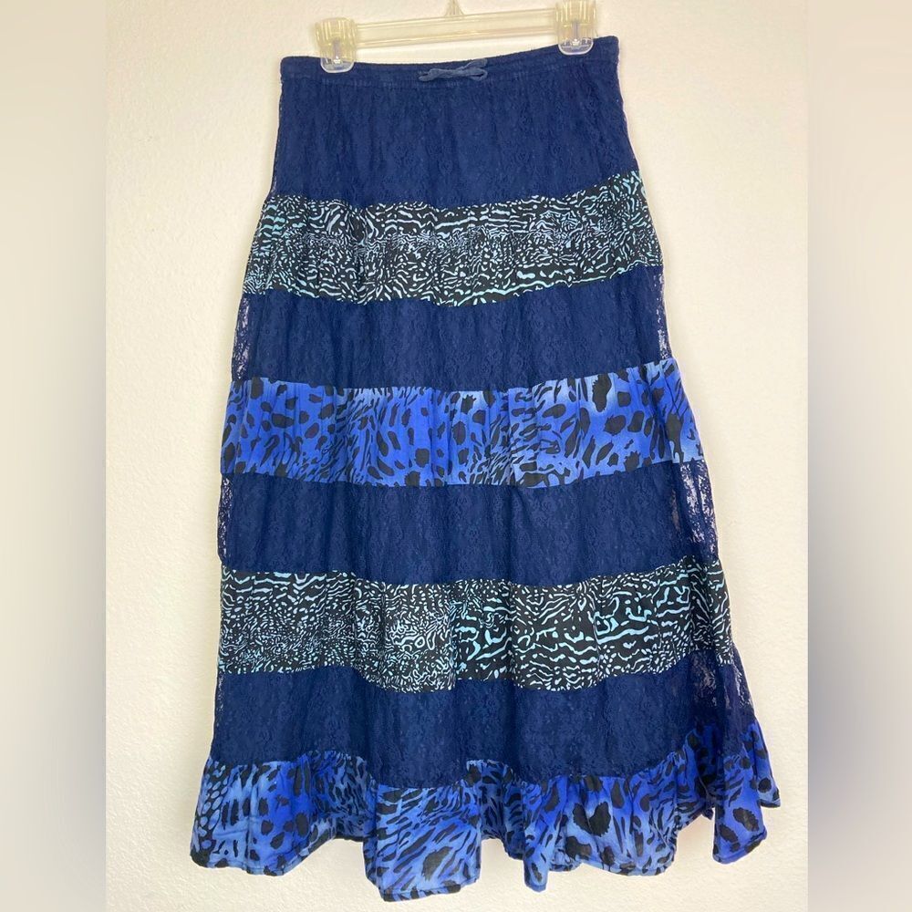 Fanciful Vintage Festival maxi skirt w/ mixed print and navy lace,  lined